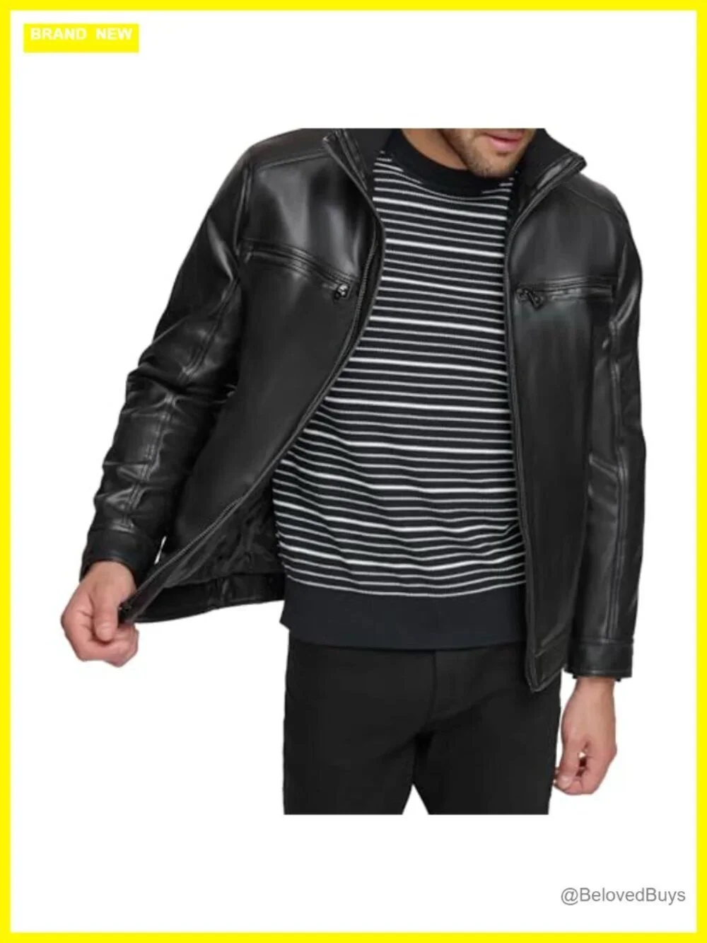 Faux Leather Aviator Jacket with Zipper Closure and Slant Pockets